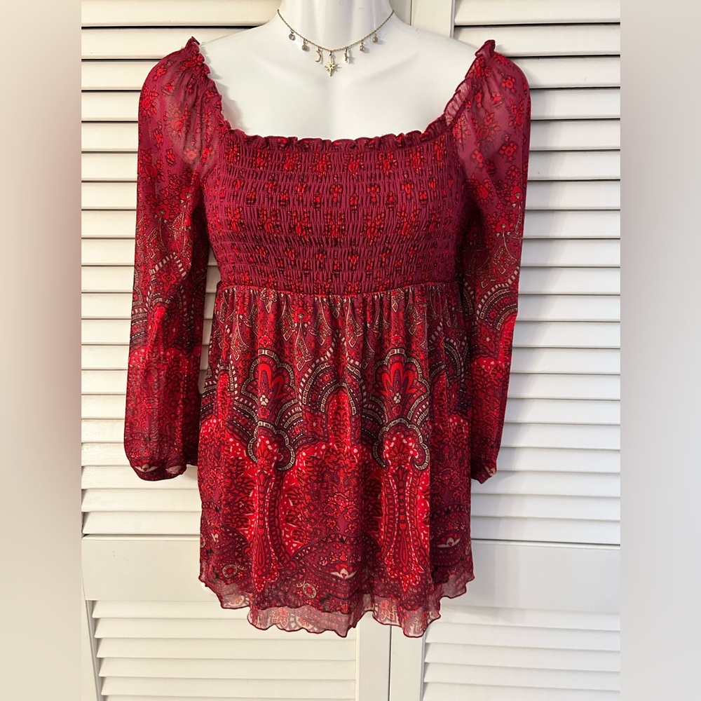 Red Smocked Long-Sleeve Peasant Top with Paisley Print